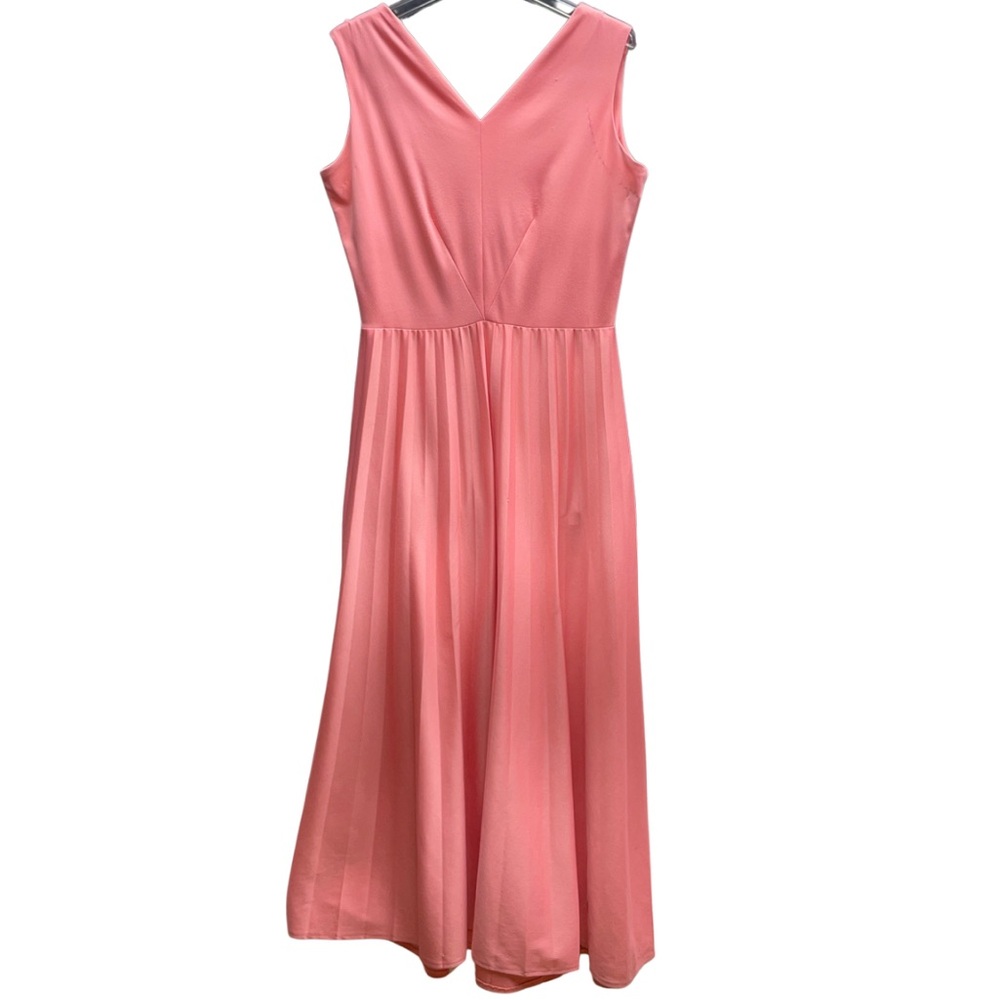 Vintage 1960s Orange V-Neck Sleeveless Pleated Dress With Sheer Tie Cape Sz M - Picture 3 of 8